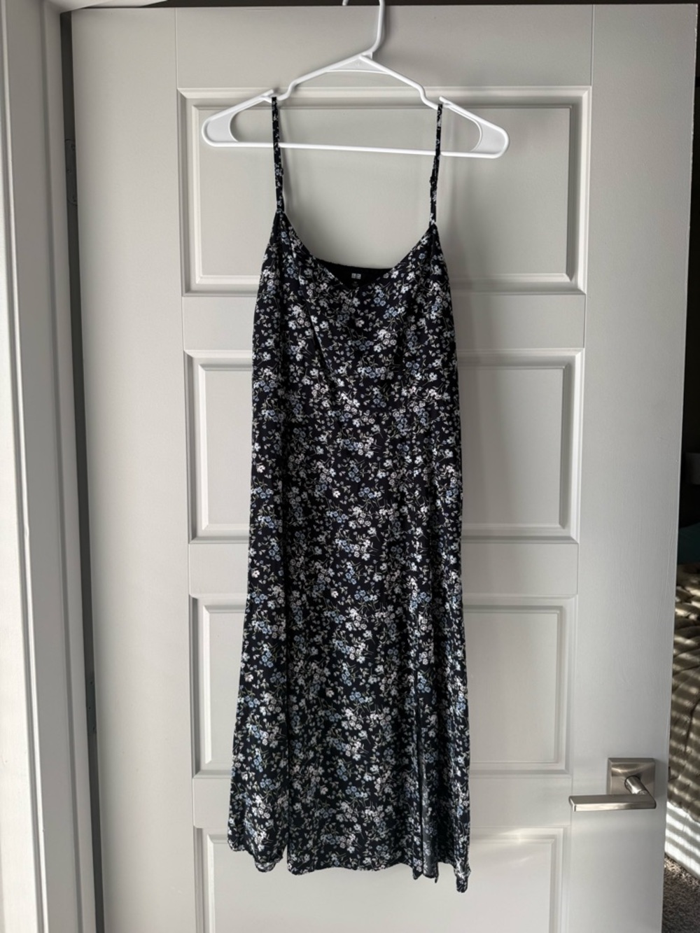 Uniqlo Black Floral V-Neck Dress with Blue & White Flowers